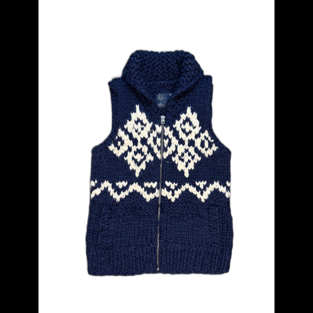 American Eagle Women’s M Navy Blue White Knit Zip Vest Wool Fair Isle Chunky Y2K